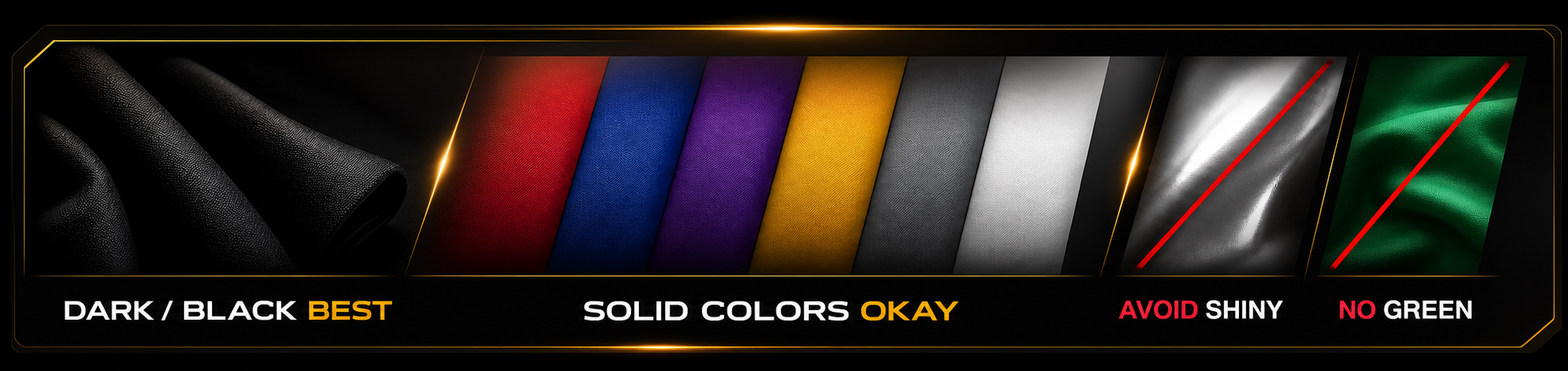 Clothing guide: dark or black is best, solid colors are okay, shiny reflective clothing should be avoided, and green should not be worn.